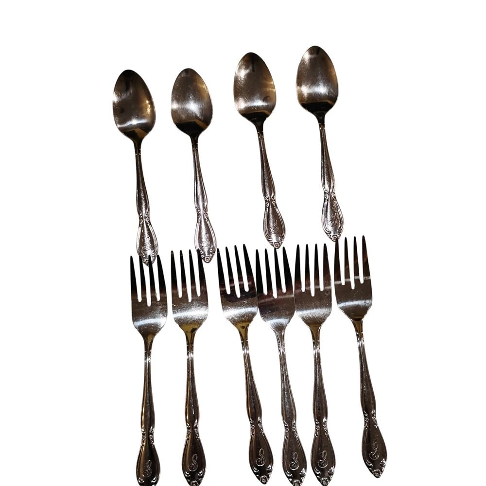 VTG Forks & Spoons “S” Monogram Customcraft Tawain Floral Stainless Flatware Lot